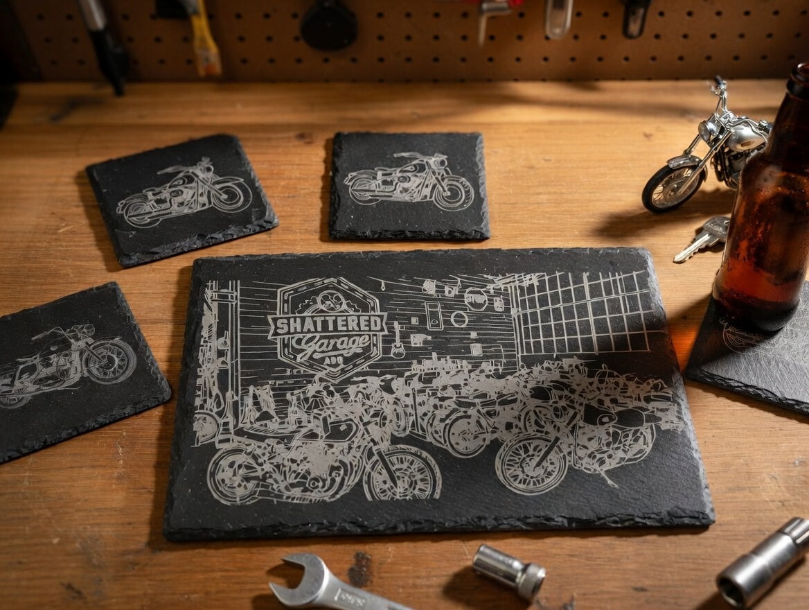 Motorcycle Garage Slate Serving Board & Coaster Set (4) | Laser Engraved Serving Tray and Drink Coasters