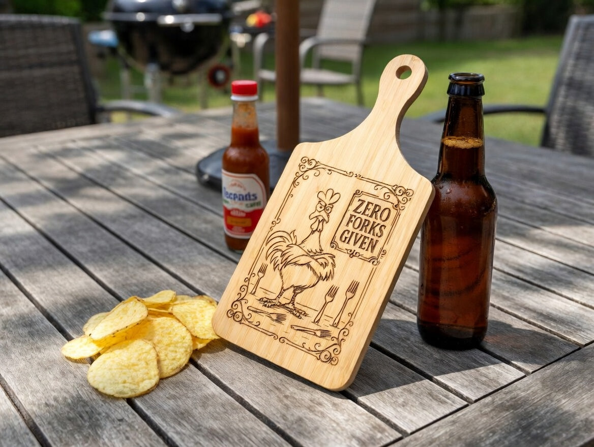Zero Forks Given Rooster 11x5 Bamboo Charcuterie Board | Laser Engraved Sassy Kitchen Serving Platter or Wall Accent