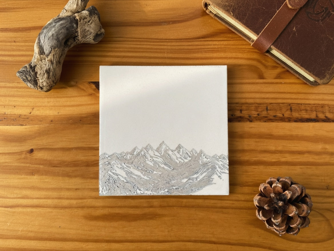 Majestic Morning Mountain Range 6x6 Ceramic Tile | Laser Engraved Nature Peak Wall Art or Backsplash Insert