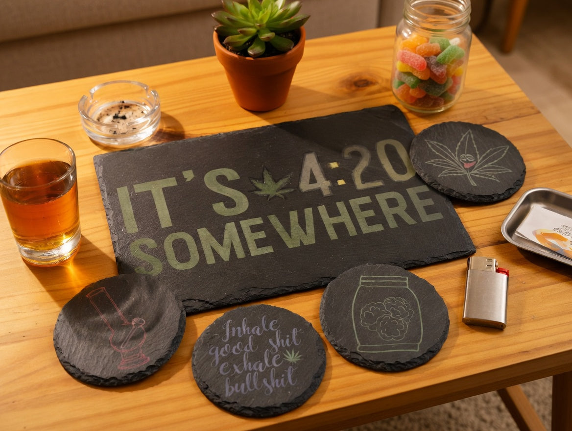 It's 4:20 Somewhere Slate Serving Board & Coaster Set (4) | Laser Engraved Serving Tray and Drink Coasters