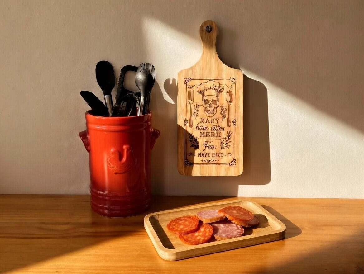 Many Have Eaten Few Have Died Skull Chef 11x5 Bamboo Charcuterie Board | Laser Engraved Dark Humor Kitchen Platter or Counter Art