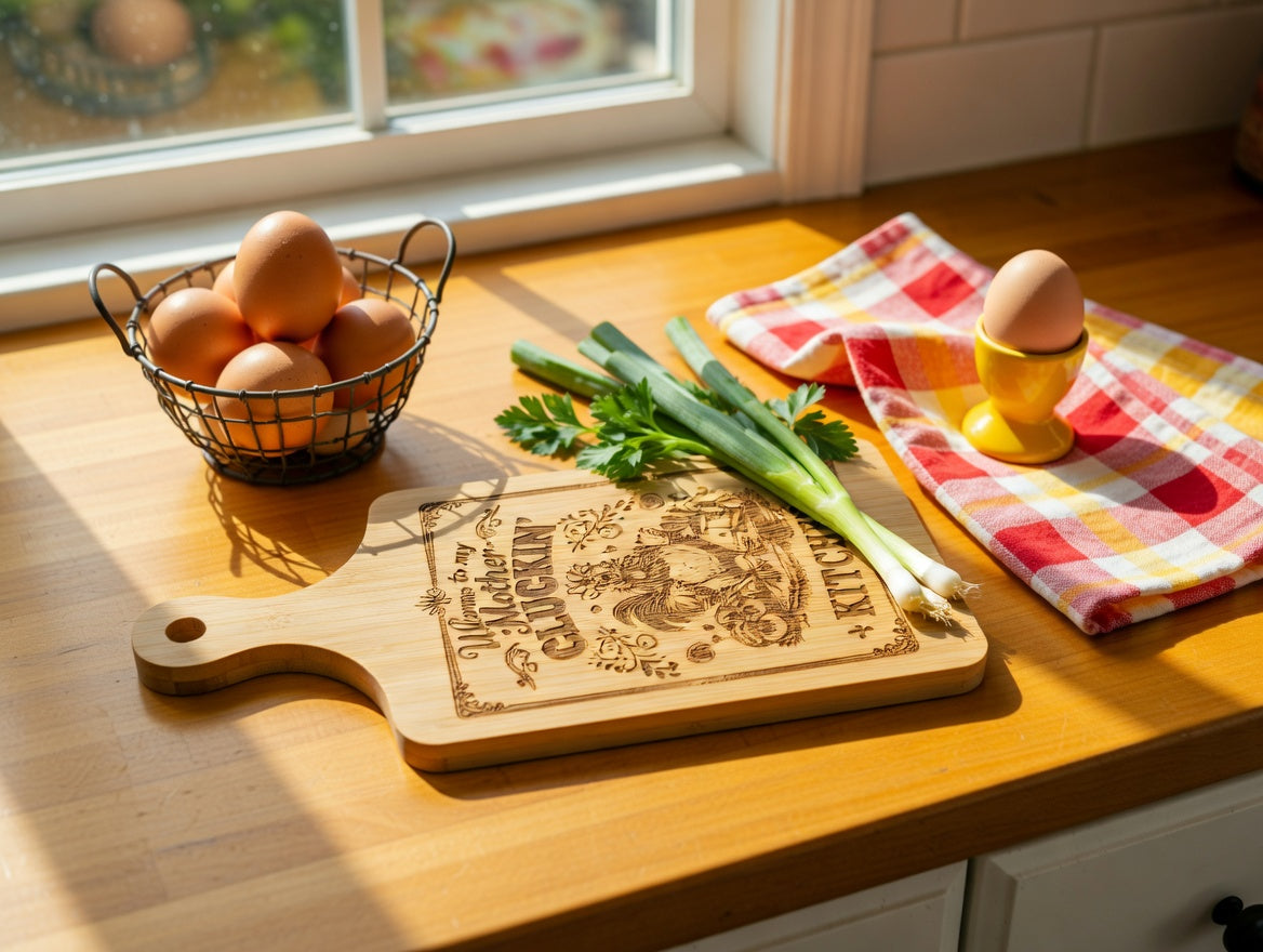 Welcome to My Mother Cluckin' Kitchen Rooster 11x5 Bamboo Charcuterie Board | Laser Engraved Punny Poultry Serving Tray or Gallery Accent