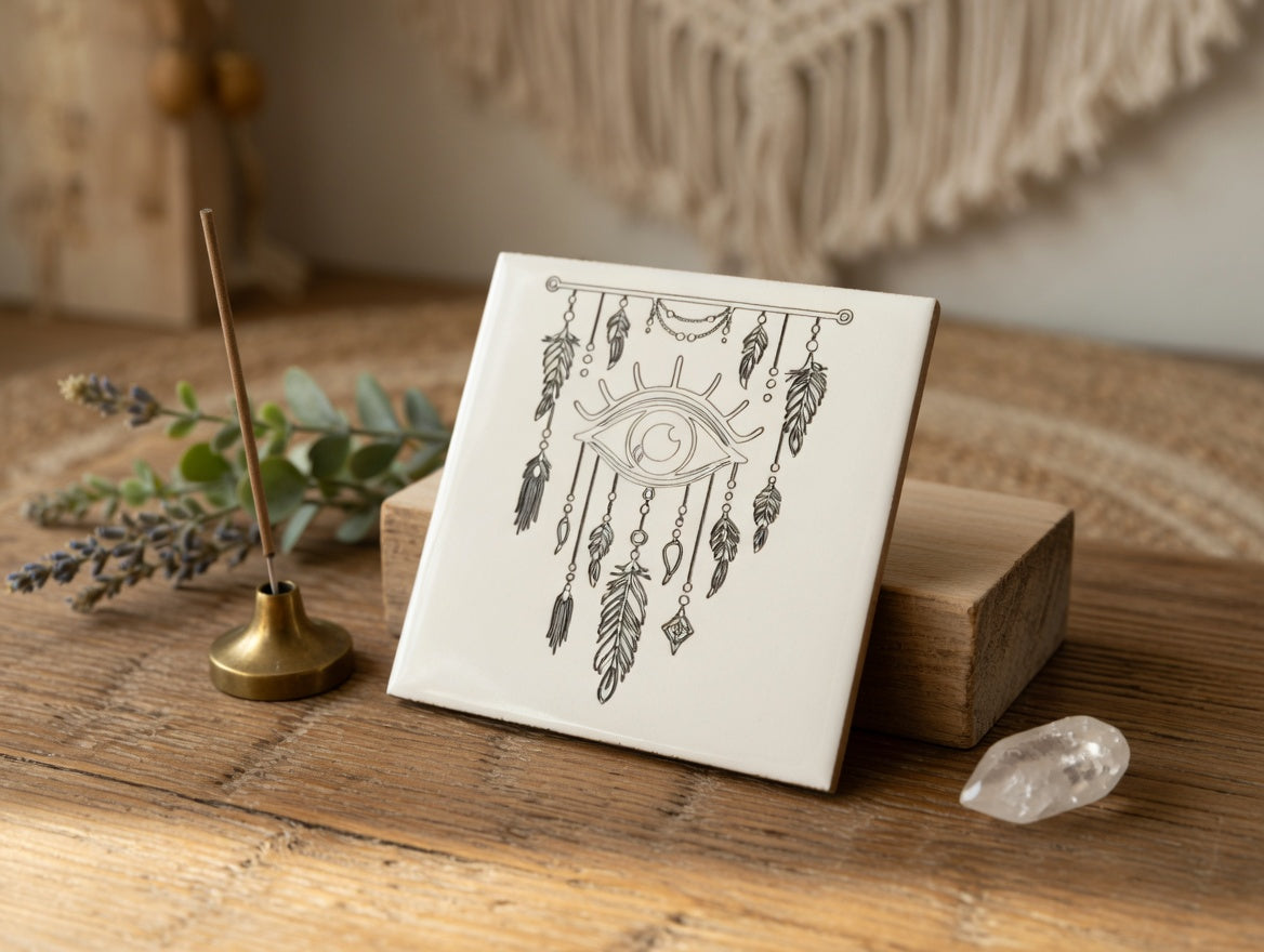 An Eye for Evil Dreamcatcher 6x6 Ceramic Tile | Laser Engraved Boho Protection Wall Art or Backsplash Talisman