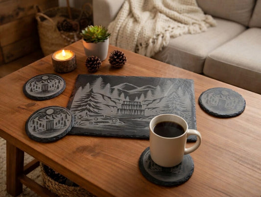 Mountain Waterfall Slate Serving Board & Coaster Set (4) | Laser Engraved Serving Tray and Drink Coasters