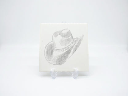 Classic Cowboy Hat 6x6 Ceramic Tile | Laser Engraved Western Brim Wall Art or Backsplash Icon