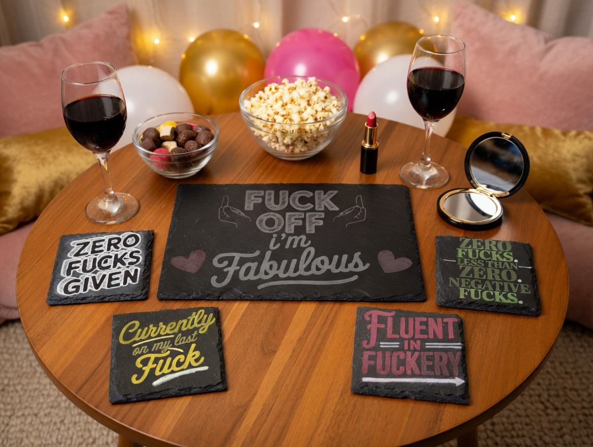 I'm Fabulous Slate Serving Board & Coaster Set (4+2) | Laser Engraved Ladies Night Tray and Drink Coasters