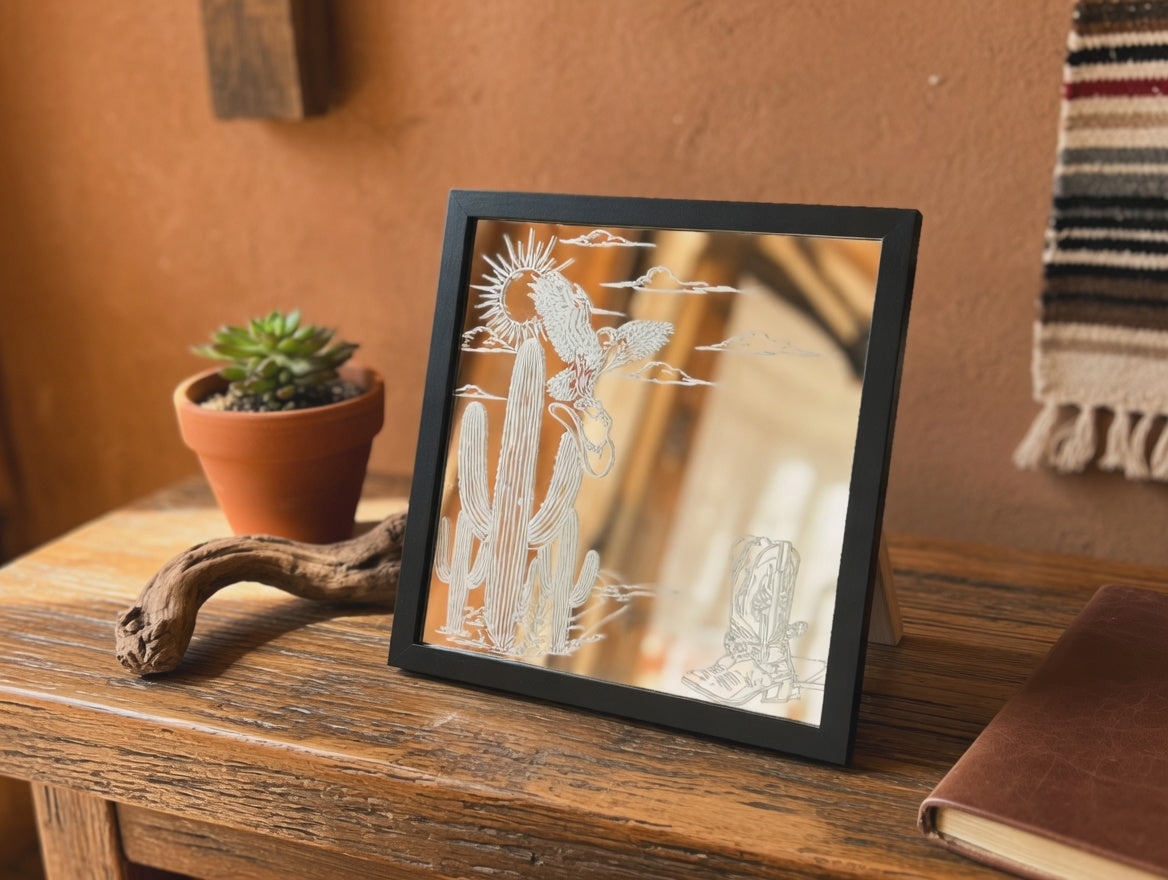 Southwest Cowboy Boots & Saguaro 8x8 Mirror | Laser Engraved Western Desert Wall Hanging or Desk Accent