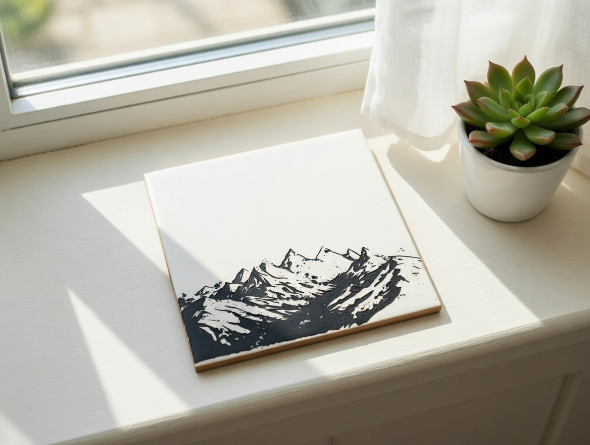 Majestic Mountain Range 6x6 Ceramic Tile | Laser Engraved Alpine Peak Wall Art or Backsplash Insert