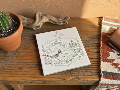 New Mexico Zia Roadrunner Cactus 6x6 Ceramic Tile | Laser Engraved Southwest Desert Wall Art or Backsplash Medallion
