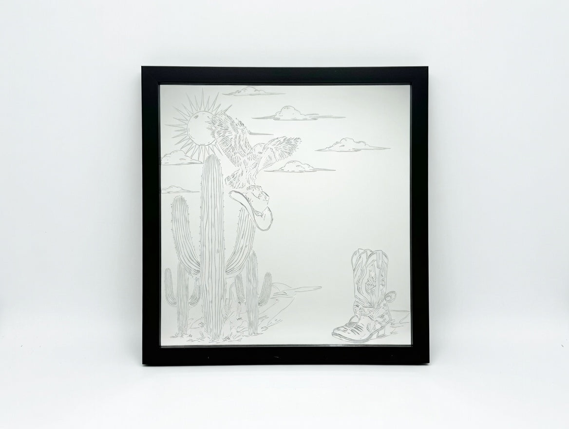 Southwest Cowboy Boots & Saguaro 8x8 Mirror | Laser Engraved Western Desert Wall Hanging or Desk Accent