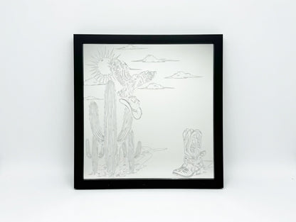 Southwest Cowboy Boots & Saguaro 8x8 Mirror | Laser Engraved Western Desert Wall Hanging or Desk Accent