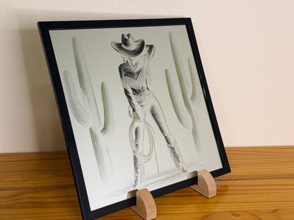 Cowgirl with Lasso 12x12 Mirror | Hand Painted Laser Engraved Western Cowgirl Wall Art