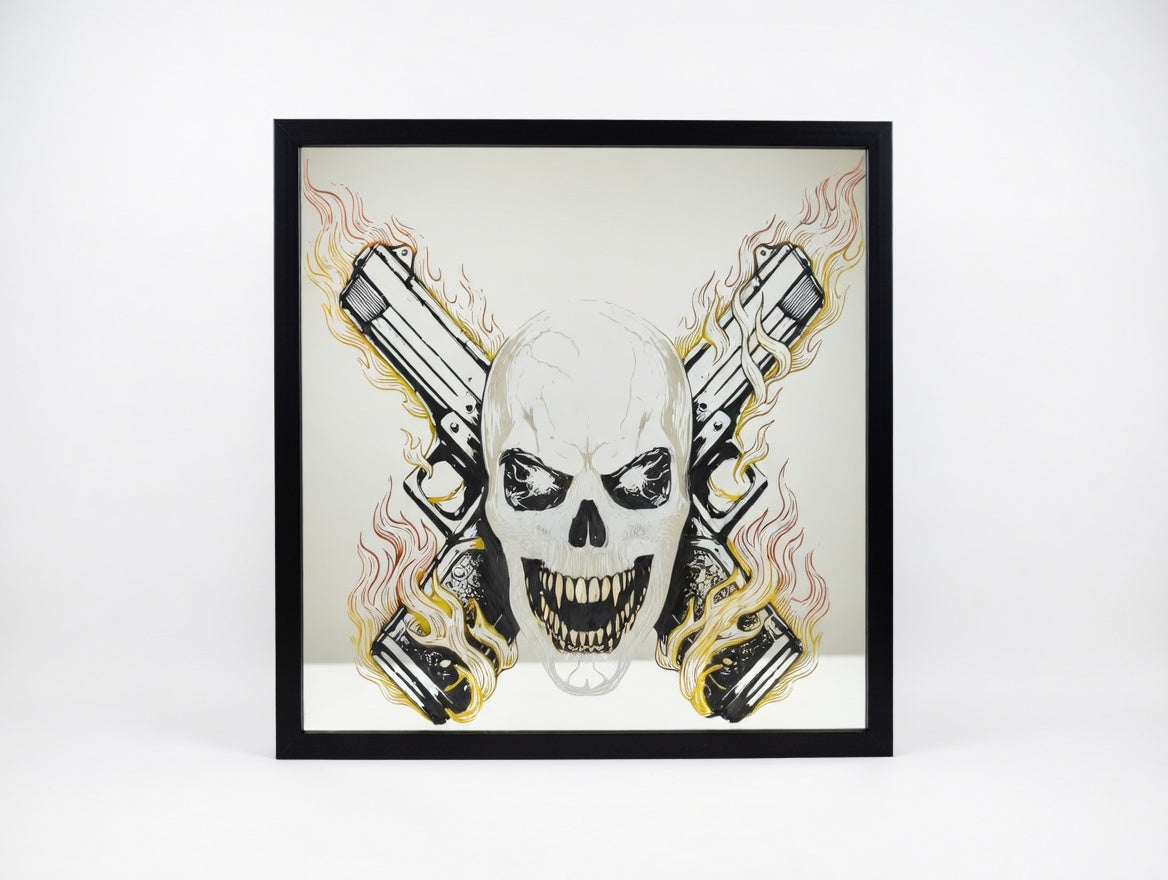 Hand Painted Legendary Gamer Skull with Crossed Pistols 12x12 Mirror | Laser Engraved Outlaw Skull Wall Art