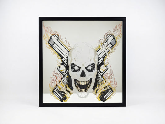 Hand Painted Legendary Gamer Skull with Crossed Pistols 12x12 Mirror | Laser Engraved Outlaw Skull Wall Art