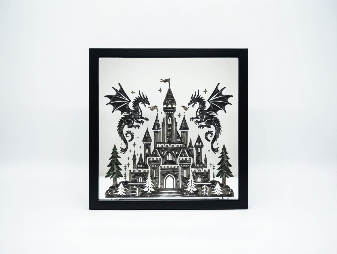 Fantasy Castle Dragons 8x8 Mirror | Hand Painted Laser Engraved Gothic Wall Art or Desk Decor