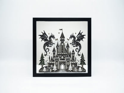 Fantasy Castle Dragons 8x8 Mirror | Hand Painted Laser Engraved Gothic Wall Art or Desk Decor
