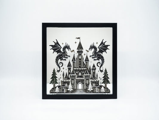 Fantasy Castle Dragons 8x8 Mirror | Hand Painted Laser Engraved Gothic Wall Art or Desk Decor
