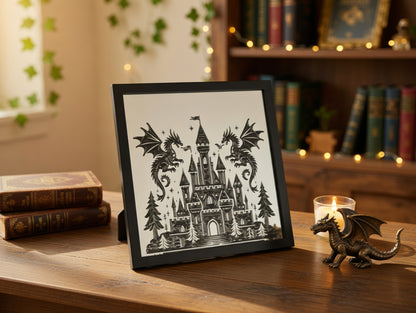 Fantasy Castle Dragons 8x8 Mirror | Hand Painted Laser Engraved Gothic Wall Art or Desk Decor