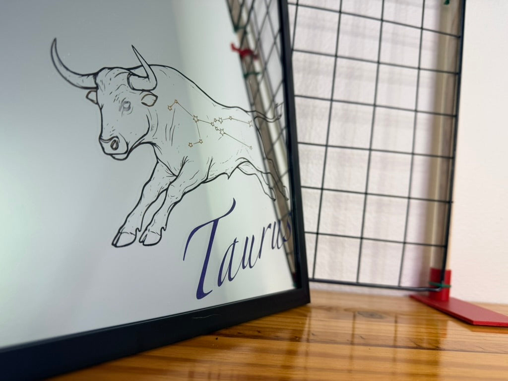 Taurus Zodiac 12x12 Mirror | Hand Painted Laser Engraved Bull Constellation Wall Art