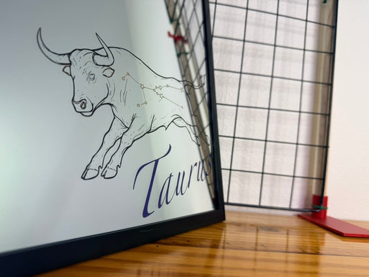 Taurus Zodiac 12x12 Mirror | Hand Painted Laser Engraved Bull Constellation Wall Art