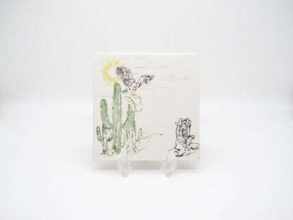 Desert Cactus Cowboy Boots 6x6 Ceramic Tile | Laser Engraved Southwest Sun Wall Art or Backsplash Feature