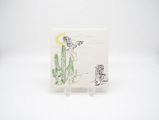 Desert Cactus Cowboy Boots 6x6 Ceramic Tile | Laser Engraved Southwest Sun Wall Art or Backsplash Feature