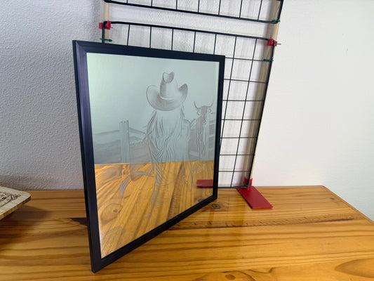 Cowgirl & Longhorn 12x12 Mirror | Hand-Finished Laser Engraved Western Ranch Wall Art