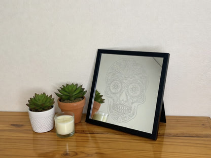 Ornate Sugar Skull 8x8 Mirror | Hand Painted Laser Engraved Day of the Dead Wall Art or Desk Decor