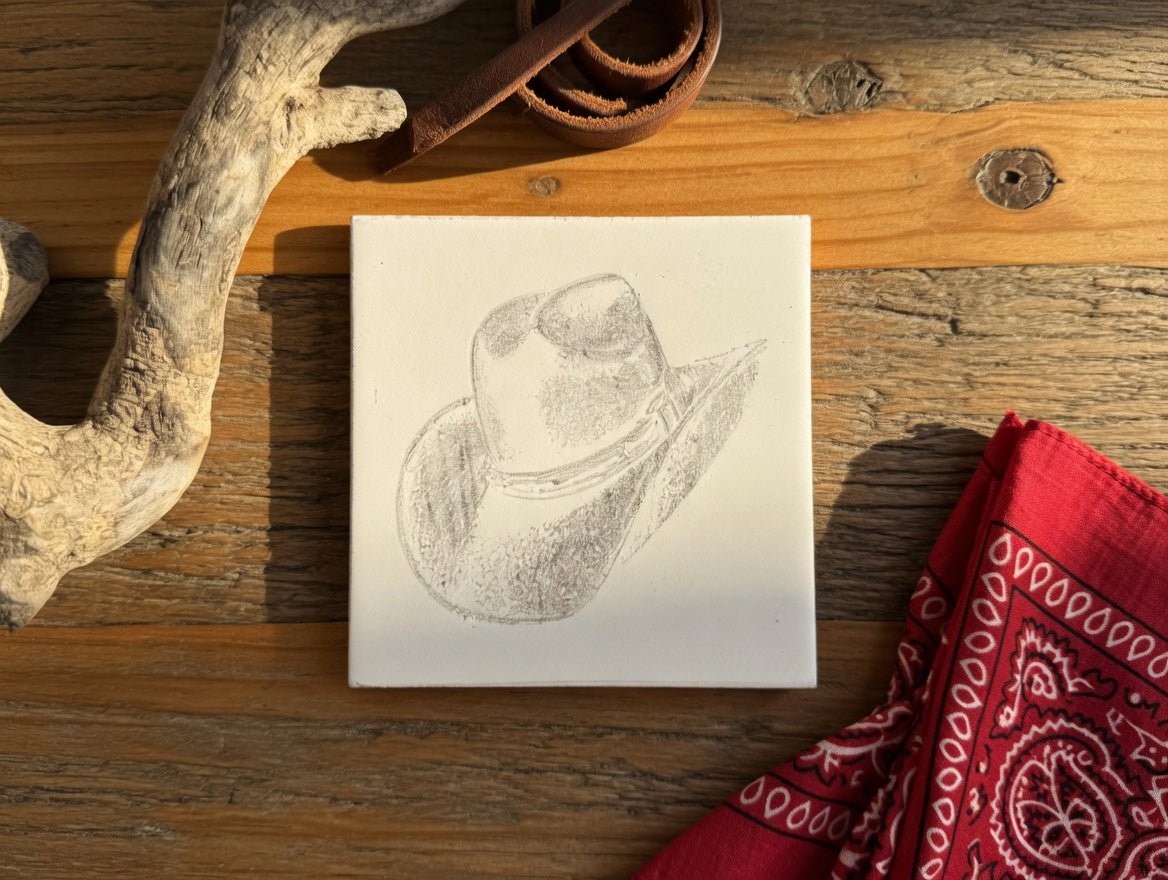 Classic Cowboy Hat 6x6 Ceramic Tile | Laser Engraved Western Brim Wall Art or Backsplash Icon