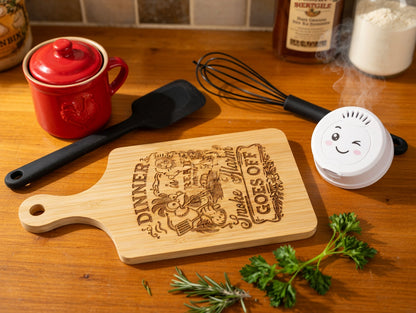 Dinner is Ready When Smoke Alarm Goes Off Rooster 11x5 Bamboo Charcuterie Board | Laser Engraved Humorous Kitchen Serving Platter or Wall Sign
