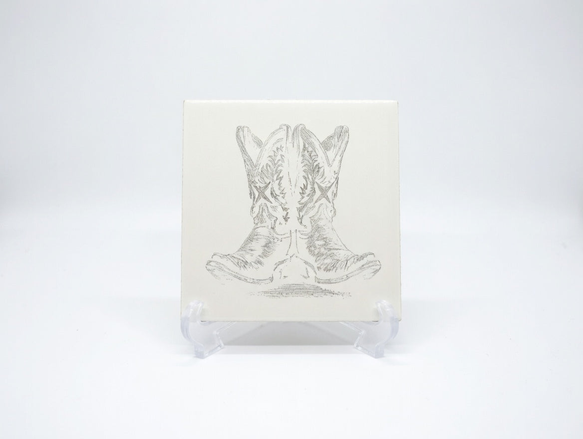 Western Cowboy Boots 6x6 Ceramic Tile | Laser Engraved Desert Boot Wall Art or Backsplash Accent