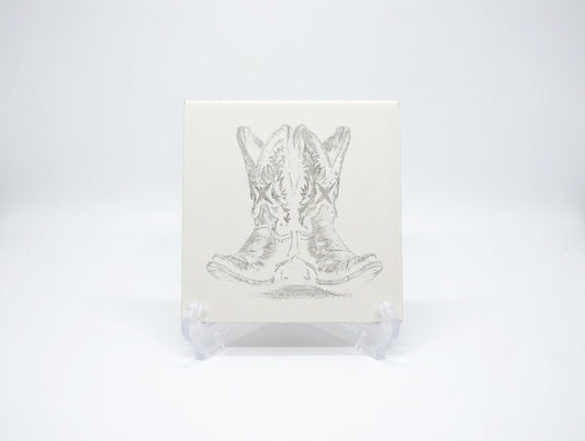 Western Cowboy Boots 6x6 Ceramic Tile | Laser Engraved Desert Boot Wall Art or Backsplash Accent