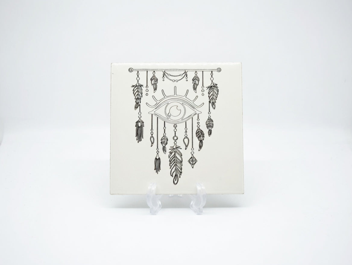 An Eye for Evil Dreamcatcher 6x6 Ceramic Tile | Laser Engraved Boho Protection Wall Art or Backsplash Talisman