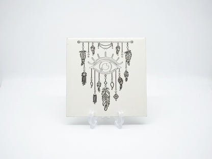 An Eye for Evil Dreamcatcher 6x6 Ceramic Tile | Laser Engraved Boho Protection Wall Art or Backsplash Talisman