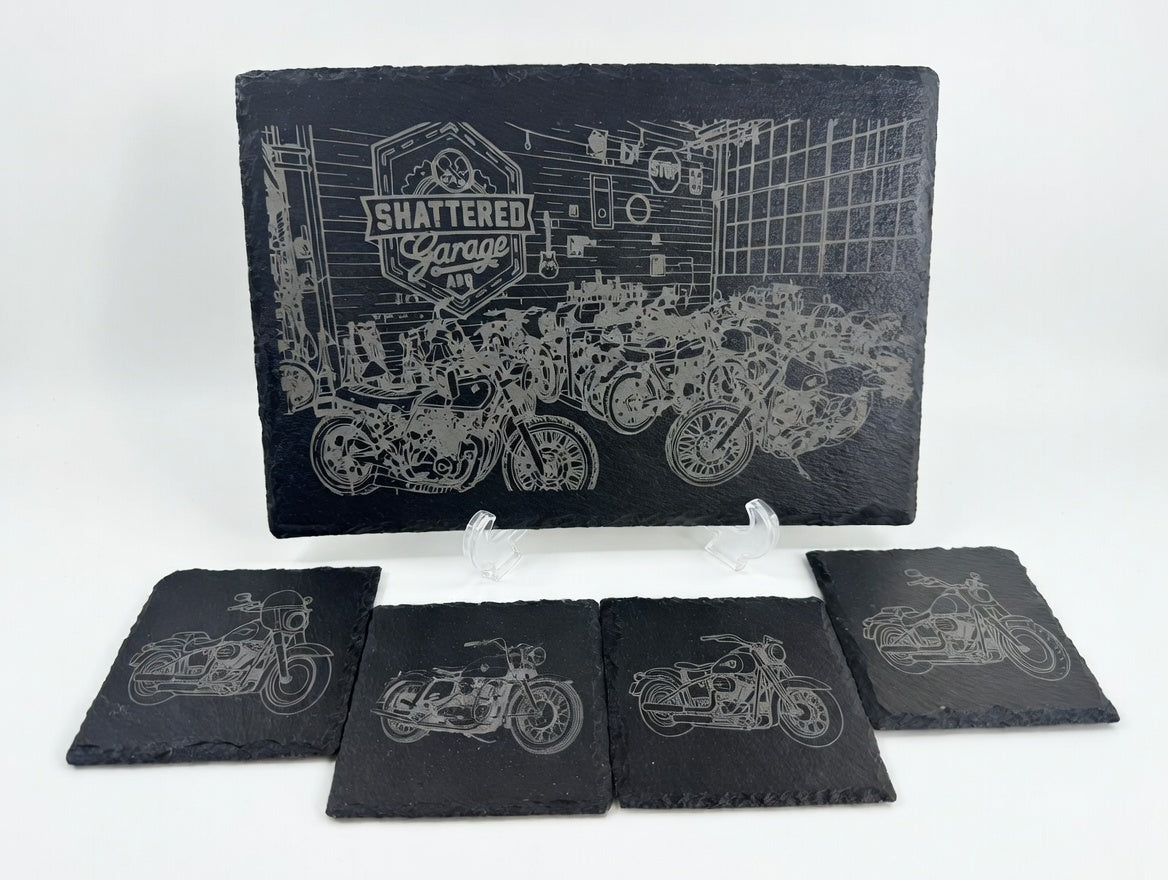 Motorcycle Garage Slate Serving Board & Coaster Set (4) | Laser Engraved Serving Tray and Drink Coasters