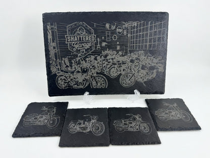 Motorcycle Garage Slate Serving Board & Coaster Set (4) | Laser Engraved Serving Tray and Drink Coasters