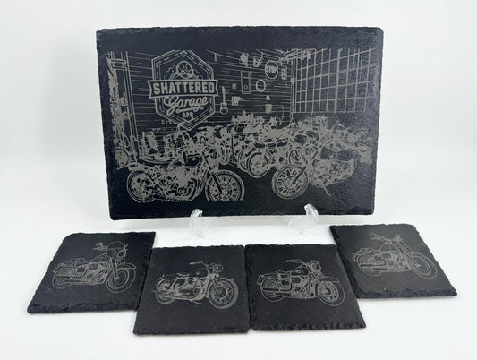 Motorcycle Garage Slate Serving Board & Coaster Set (4) | Laser Engraved Serving Tray and Drink Coasters