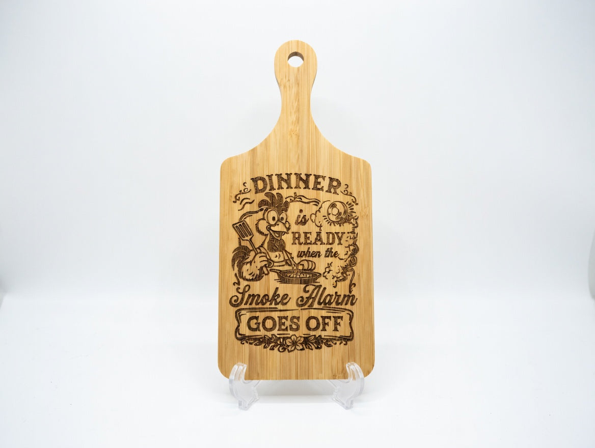 Dinner is Ready When Smoke Alarm Goes Off Rooster 11x5 Bamboo Charcuterie Board | Laser Engraved Humorous Kitchen Serving Platter or Wall Sign