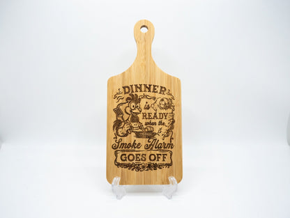 Dinner is Ready When Smoke Alarm Goes Off Rooster 11x5 Bamboo Charcuterie Board | Laser Engraved Humorous Kitchen Serving Platter or Wall Sign