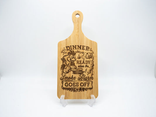 Dinner is Ready When Smoke Alarm Goes Off Rooster 11x5 Bamboo Charcuterie Board | Laser Engraved Humorous Kitchen Serving Platter or Wall Sign