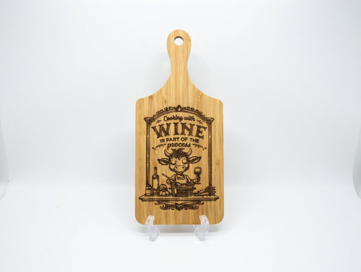 Cooking with Wine Is Part of the Process Cow 11x5 Bamboo Charcuterie Board | Laser Engraved Witty Kitchen Serving Tray or Display Accent