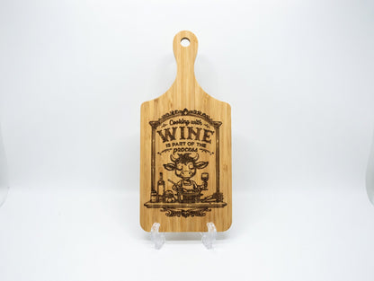 Cooking with Wine Is Part of the Process Cow 11x5 Bamboo Charcuterie Board | Laser Engraved Witty Kitchen Serving Tray or Display Accent