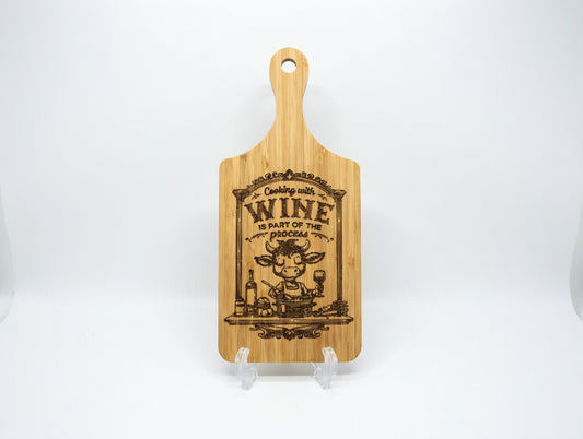 Cooking with Wine Is Part of the Process Cow 11x5 Bamboo Charcuterie Board | Laser Engraved Witty Kitchen Serving Tray or Display Accent
