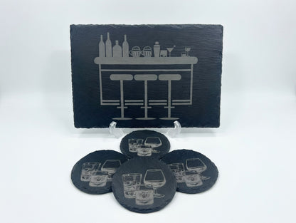 Your Home Bar Slate Serving Board & Coaster Set (4) | Laser Engraved Serving Tray and Drink Coasters