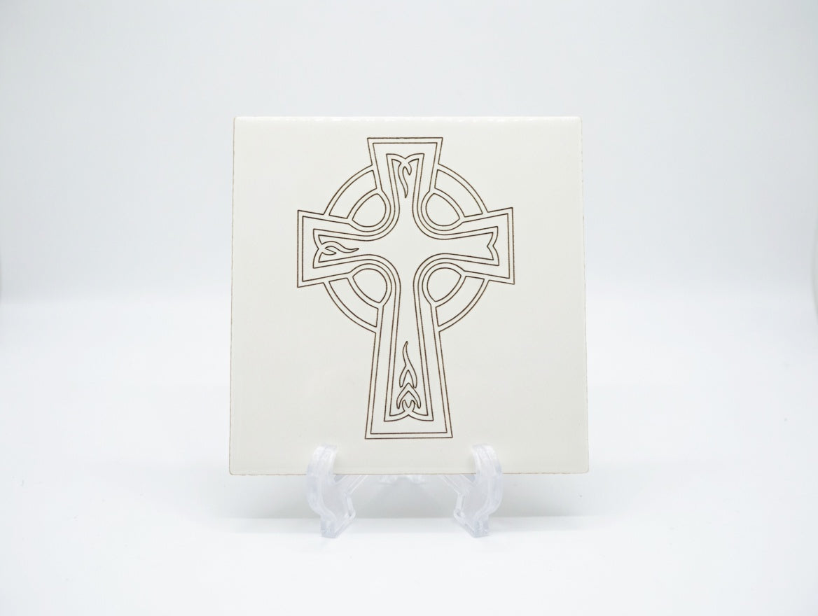 Celtic Knot Cross 6x6 Ceramic Tile | Laser Engraved Irish Heritage Wall Art or Backsplash Emblem