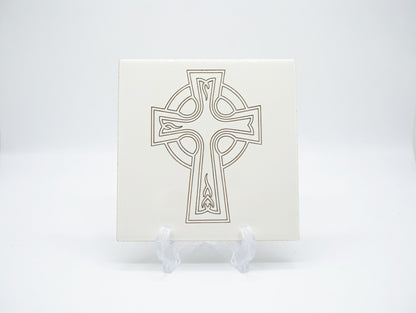 Celtic Knot Cross 6x6 Ceramic Tile | Laser Engraved Irish Heritage Wall Art or Backsplash Emblem