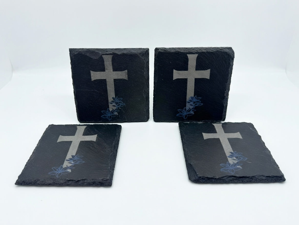 Blooming Cross Slate Coaster Set (4) | Laser Engraved Drink Coasters