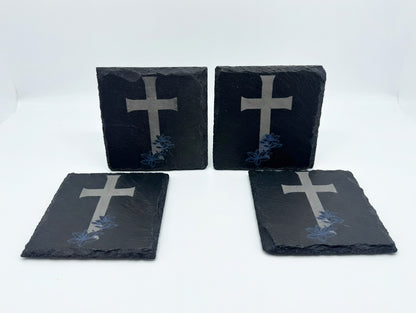 Blooming Cross Slate Coaster Set (4) | Laser Engraved Drink Coasters