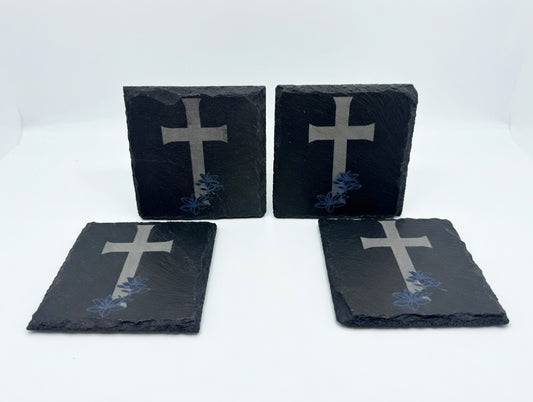 Blooming Cross Slate Coaster Set (4) | Laser Engraved Drink Coasters