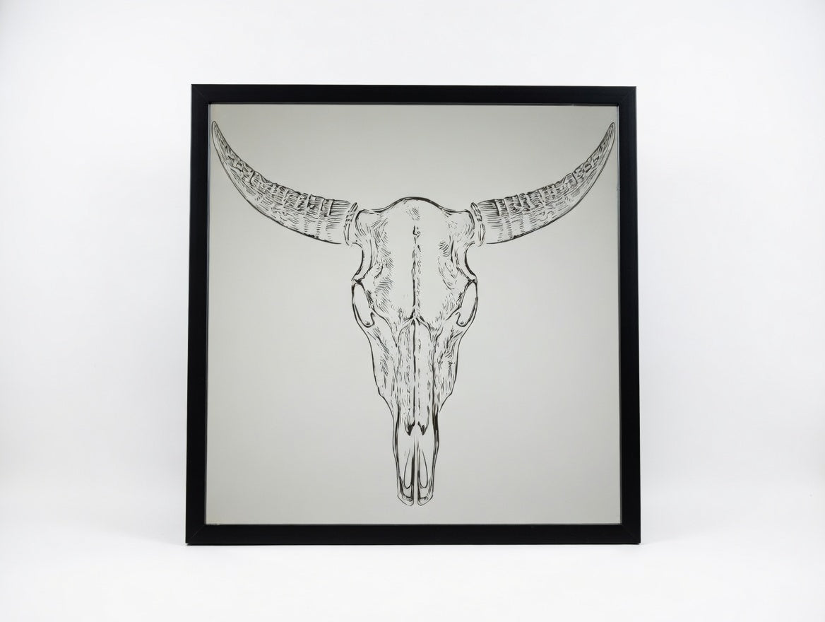 Longhorn Skull 12x12 Mirror | Hand-Finished Laser Engraved Western Cattle Skull Wall Art